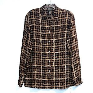 Silk Plaid Equestrin Button Top Women Large Luxury Fall Career Western Old Money
